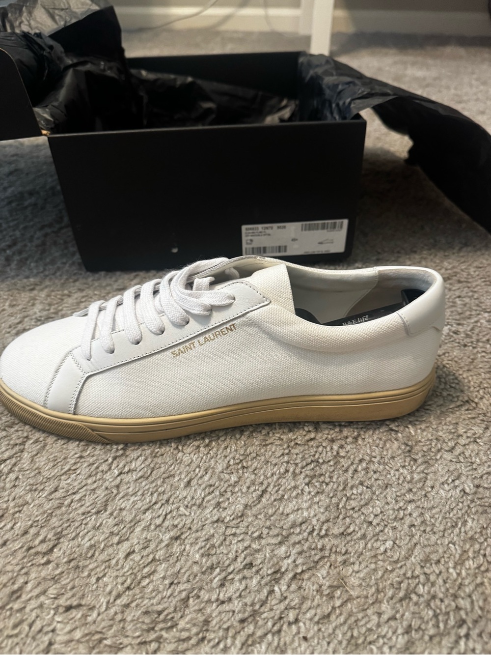 Saint Laurent White Canvas Andy Low-Top Sneaker with Tan Sole and Gold Logo
